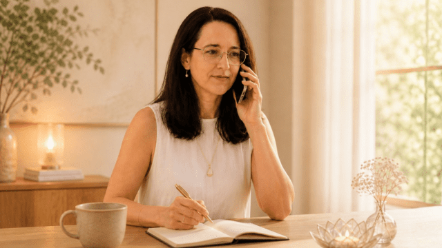 Kerstin Ackermann mit dem Telefon für ein kurzes Vorgespräch